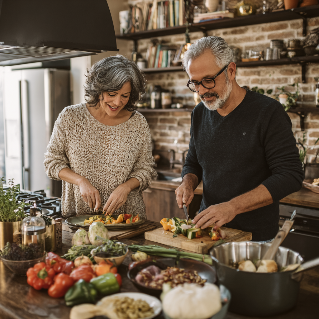 Middle-aged adults preparing healthy meals in modern kitchen